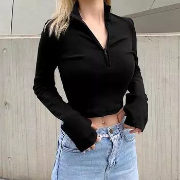 Женские футболки с напальчниками, однотонные топы на молнии, внутренняя одежда с высоким воротником, женские спортивные топы, футболки для активного отдыха для девочек L 55-60kg белый