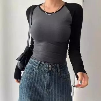 Женские футболки с открытыми плечами на весну и осень, футболки с длинными рукавами, короткие футболки и обтягивающие топы S серый