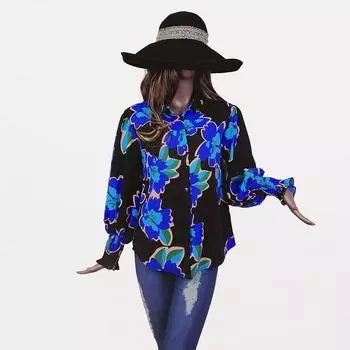 Женские футболки с отложным воротником и длинными рукавами-фонариками с цветочным принтом, блузки, топы