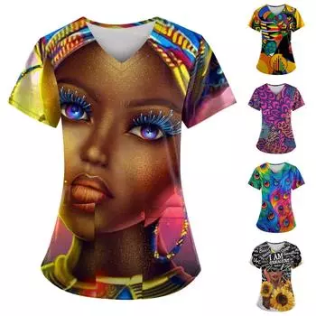 Женские футболки с персонализированным милым принтом, топ с v-образным вырезом и короткими рукавами, рабочая форма, топы с карманами L разноцветный