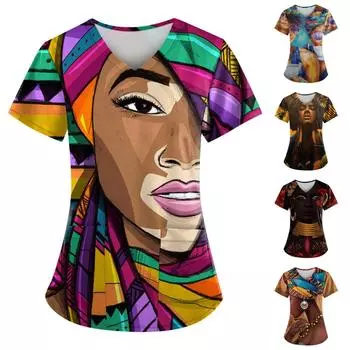 Женские футболки с персонализированным милым принтом, топ с v-образным вырезом и короткими рукавами, рабочая форма, топы с карманами XXL чёрный