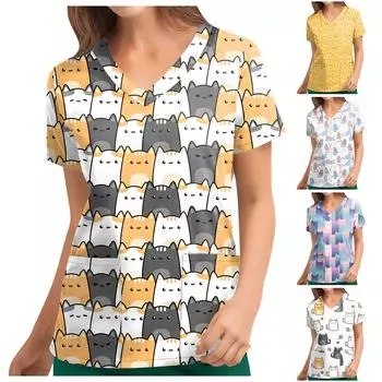 Женские футболки с персонализированным милым принтом, топ с v-образным вырезом и короткими рукавами, рабочая форма, топы с карманами L светло-синий