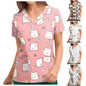 Женские футболки с персонализированным милым принтом, топ с v-образным вырезом и короткими рукавами, рабочая форма, топы с карманами L серый