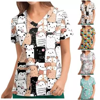 Женские футболки с персонализированным милым принтом, топ с v-образным вырезом и короткими рукавами, рабочая форма, топы с карманами L серый