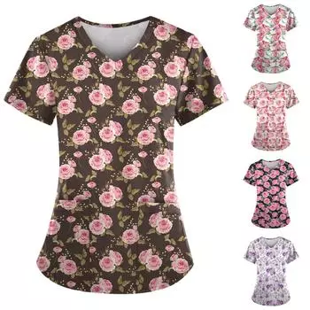 Женские футболки с персонализированным милым принтом, топ с v-образным вырезом и короткими рукавами, рабочая форма, топы с карманами M чёрный