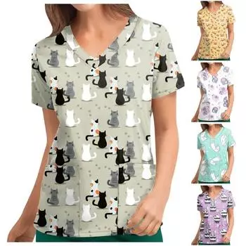 Женские футболки с персонализированным милым принтом, топ с v-образным вырезом и короткими рукавами, рабочая форма, топы с карманами S