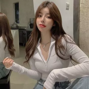 Женские футболки с полумолнией, длинные рукава, однотонные повседневные футболки для девочек, топы Y2K, модные сексуальные женские футболки S темно-серого