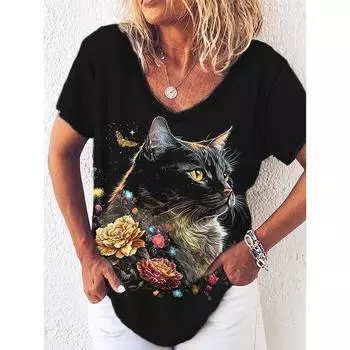 Женские футболки с принтом 3D Cat, эстетичные топы, футболки с коротким рукавом и V-образным вырезом, женская одежда, свободные модные повседневные черные футболки S