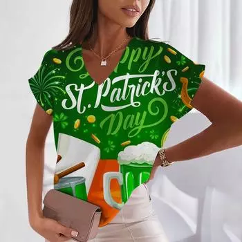 Женские футболки с принтом 3D Clover с короткими рукавами, элегантные пуловеры с V-образным вырезом, модные уличные повседневные топы, свободные футболки для офиса и отдыха S