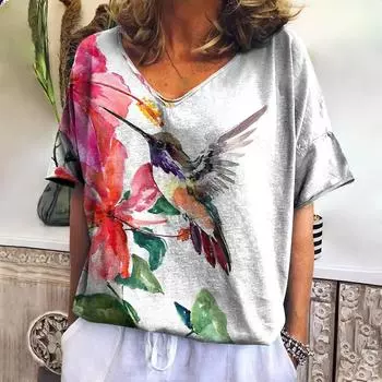 Женские футболки с принтом 3D-птицы, летние футболки с V-образным вырезом и коротким рукавом, повседневная футболка Harajuku oversize, женская одежда M