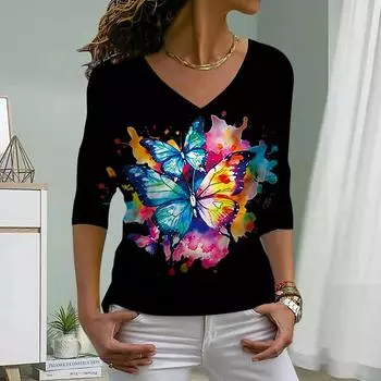 Женские футболки с принтом акварельных бабочек, женские топы, длинные рукава, V-образный вырез, пуловер, женские футболки, футболка для женщин XS белый