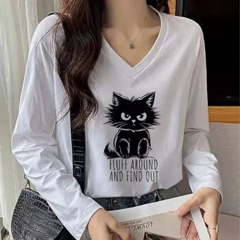 Женские футболки с принтом Angry Cat, женские топы, длинные рукава, V-образный вырез, пуловер, женские футболки, футболка для женщин XS белый