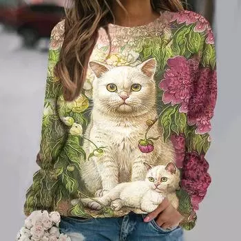 Женские футболки с принтом аниме кота, свитер в винтажном стиле, хлопковый свитер с круглым вырезом Y2k, женская одежда с длинными рукавами, уличный пуловер большого размера 2XL