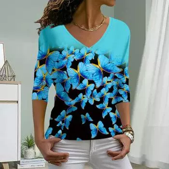 Женские футболки с принтом бабочек и золотыми краями, женские топы, длинные рукава, V-образный вырез, пуловеры, женские футболки, футболки для женщин XS синий