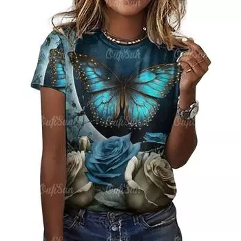 Женские футболки с принтом бабочек, модная футболка для женщин, летняя базовая повседневная женская футболка с принтом, большие размеры, женская одежда S