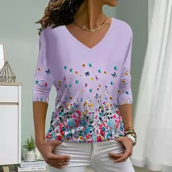 Женские футболки с принтом «Бабочки и цветы», женские топы, длинные рукава, V-образный вырез, пуловер, женские футболки, футболка для женщин XS фиолетовый