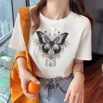 Женские футболки с принтом бабочки, повседневный пуловер, новинка лета 2024, свободная футболка с круглым вырезом и короткими рукавами, женская одежда большого размера M