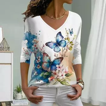 Женские футболки с принтом «Цветок персика», женские топы, длинные рукава, V-образный вырез, пуловер, женские футболки, футболка для женщин XS красный