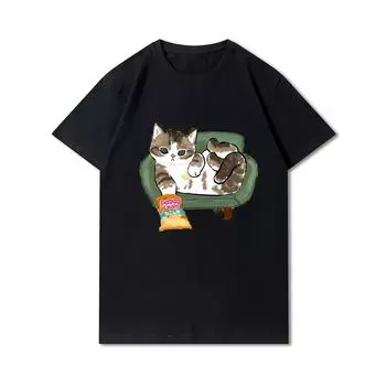 Женские футболки с принтом кошек и акул больших размеров, хлопковые топы с круглым вырезом, летние черные футболки с животными Y2K, модные 90-х годов, повседневные черные футболки оверсайз S