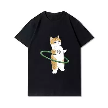 Женские футболки с принтом кошек и акул больших размеров, хлопковые топы с круглым вырезом, летние черные футболки с животными Y2K, модные 90-х годов, повседневные черные футболки оверсайз S
