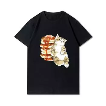 Женские футболки с принтом кошек и акул больших размеров, хлопковые топы с круглым вырезом, летние модные повседневные черные футболки с животными Y2K S