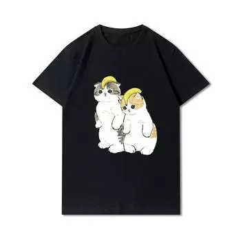 Женские футболки с принтом кошек и акул больших размеров, хлопковые топы с круглым вырезом, летние модные с животными 90-х годов, повседневные черные футболки оверсайз S