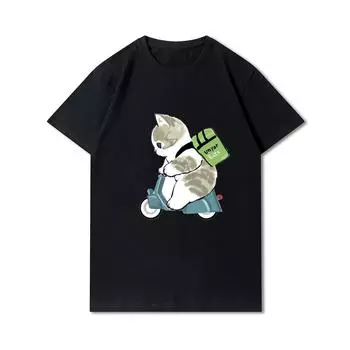 Женские футболки с принтом кошек и акул больших размеров, хлопковые топы с круглым вырезом, летние черные футболки с животными Y2K, модные 90-х годов, повседневные черные футболки оверсайз S