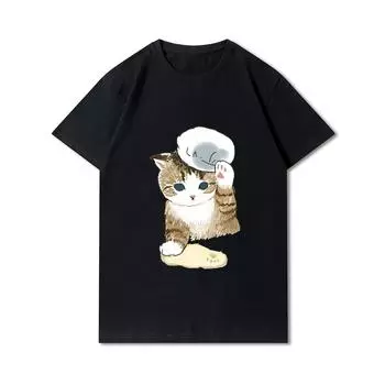 Женские футболки с принтом кошек и акул больших размеров, хлопковые топы с круглым вырезом, летние черные футболки с животными Y2K, модные 90-х годов, повседневные черные футболки оверсайз S