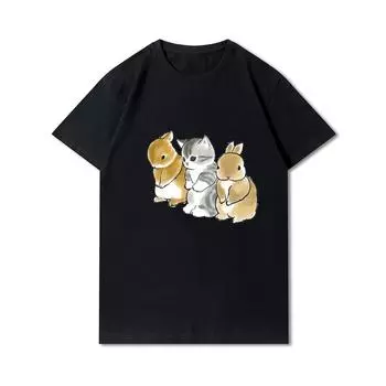 Женские футболки с принтом кошек и акул больших размеров, хлопковые топы с круглым вырезом, летние черные футболки с животными 90-х годов, повседневные оверсайз S