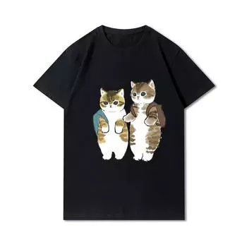 Женские футболки с принтом кошек и акул больших размеров, хлопковые топы с круглым вырезом, летние черные футболки с животными Y2K, модные 90-х годов, повседневные черные футболки оверсайз S