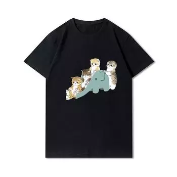Женские футболки с принтом кошек и акул больших размеров, хлопковые топы с круглым вырезом, летние черные футболки с животными Y2K, модные 90-х годов, повседневные черные футболки оверсайз S