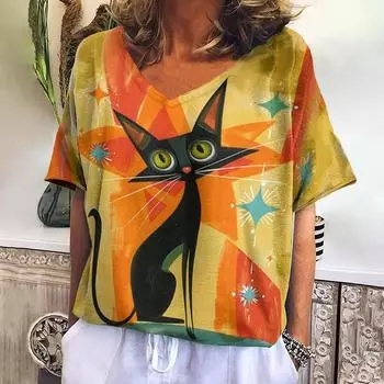 Женские футболки с принтом кошек в стиле Харадзюку, повседневная футболка с коротким рукавом, женская одежда с V-образным вырезом и животными, свободный свитер в стиле ретро S