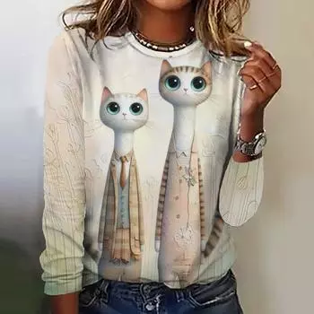 Женские футболки с принтом кота в стиле Харадзюку, осень/зима, с длинными рукавами, имитация хлопка, модные футболки с круглым вырезом, новинка 2024 года S