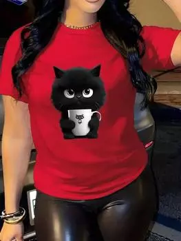 Женские футболки с принтом котенка и чашкой, дышащая футболка в стиле хип-хоп, уличная летняя одежда, повседневные универсальные футболки большого размера S