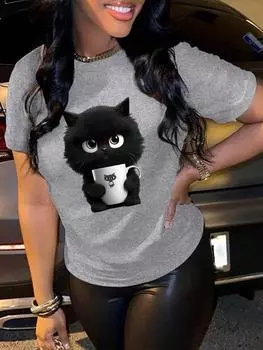 Женские футболки с принтом котенка и чашкой, дышащая футболка в стиле хип-хоп, уличная летняя одежда, повседневные универсальные футболки большого размера XS