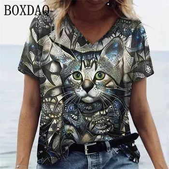 Женские футболки с принтом котов и героями мультфильмов, рубашки большого размера с v-образным вырезом для девочек, повседневные топы Kawaii, летние уличные женские футболки с короткими рукавами XXS