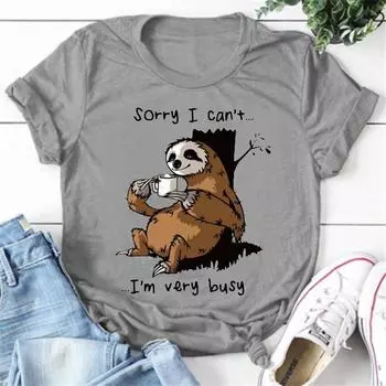 Женские футболки с принтом «ленивец, извини, я не могу, я очень занят», летние милые футболки с короткими рукавами и круглым вырезом, креативные персонализированные топы XXS чёрный