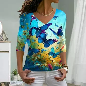 Женские футболки с принтом «Маленькая ромашка», женские топы с длинным рукавом и V-образным вырезом, женские футболки, футболки для женщин XS синий