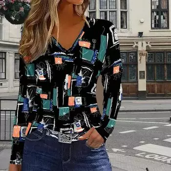 Женские футболки с принтом «Маленькие кубики», женские топы, длинные рукава, V-образный вырез, пуловер, женские футболки, футболка для женщин XS синий