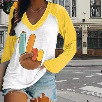 Женские футболки с принтом от пальцев, женские топы с длинным рукавом и V-образным вырезом, женские футболки, футболки для женщин XS жёлтый