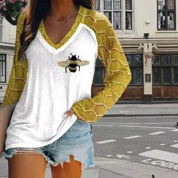 Женские футболки с принтом пчелы, женские топы, длинные рукава, V-образный вырез, пуловер, женские футболки, футболка для женщин XS жёлтый