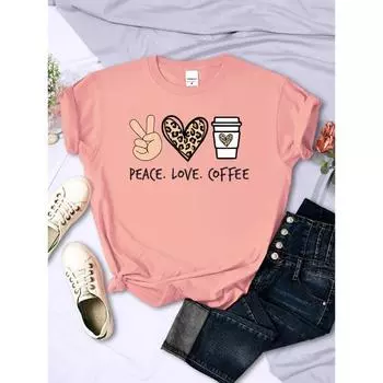 Женские футболки с принтом «Peace Love Coffee», хлопковые футболки высокого качества, фирменные дышащие футболки, уличные футболки с круглым вырезом для женщин S