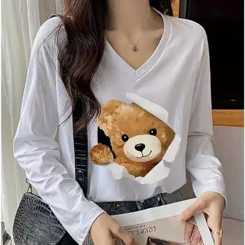 Женские футболки с принтом плюшевого мишки из мультфильма, женские топы с длинным рукавом и V-образным вырезом, женские футболки, футболки для женщин XS белый
