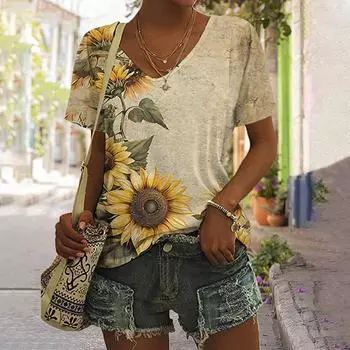 Женские футболки с принтом подсолнухов Футболка с цветочным принтом больших размеров Женская рубашка Женская одежда Футболка оверсайз Укороченный топ S