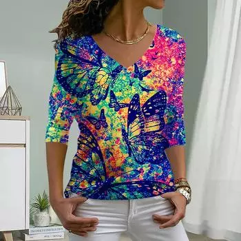 Женские футболки с принтом полых бабочек, женские топы, длинные рукава, V-образный вырез, пуловер, женские футболки, футболка для женщин XS синий