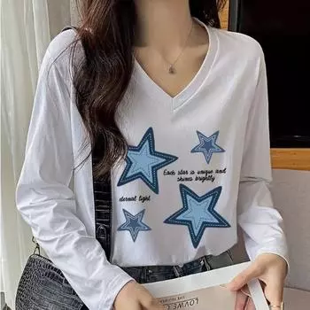 Женские футболки с принтом пятиконечной звезды, женские топы, пуловеры с длинным рукавом и V-образным вырезом, женские футболки, футболки для женщин XS белый