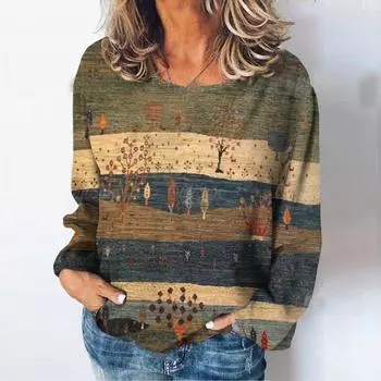 Женские футболки с принтом природных пейзажей, футболка с длинными рукавами, повседневная женская одежда на каждый день, свободная, винтажная, уличная, пуловер S