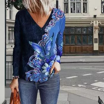Женские футболки с принтом синей бабочки, женские топы, длинные рукава, V-образный вырез, пуловер, женские футболки, футболка для женщин XS синий