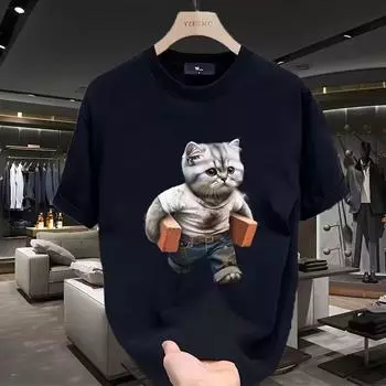 Женские футболки с принтом «Толстый кот», топ, короткий пуловер с рукавами, модная повседневная стильная футболка с круглым вырезом, женская одежда, летняя одежда XL