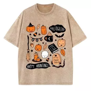Женские футболки с принтом тыквы Happy Halloween, стираная ткань, большие дышащие, с короткими рукавами, винтажные, состаренные S